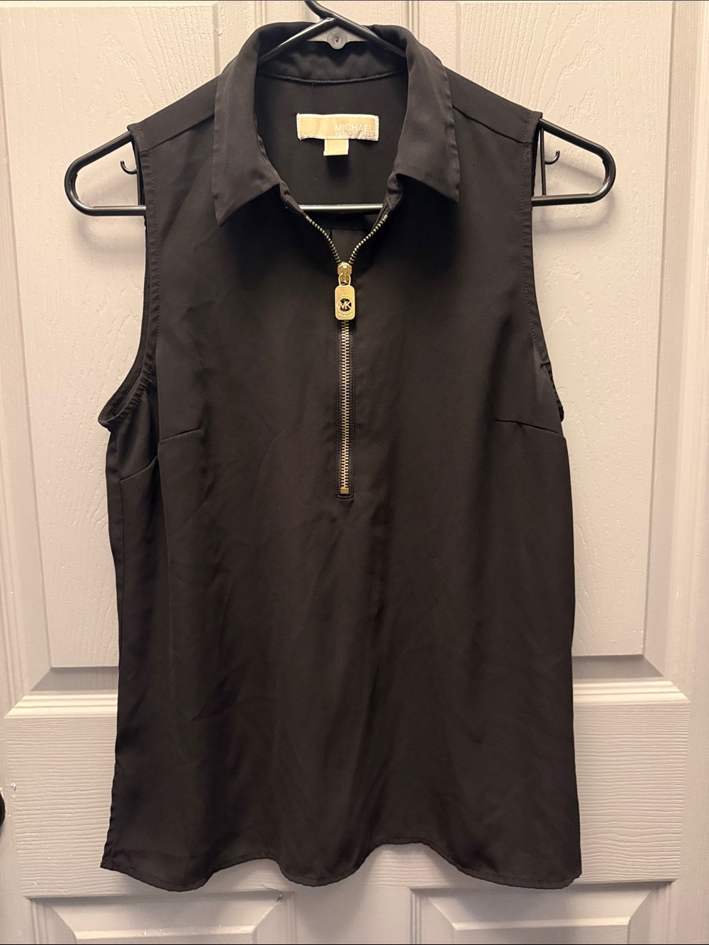 Michael Kors Black Sleeveless Collared Zip-Front Top with Gold Pull